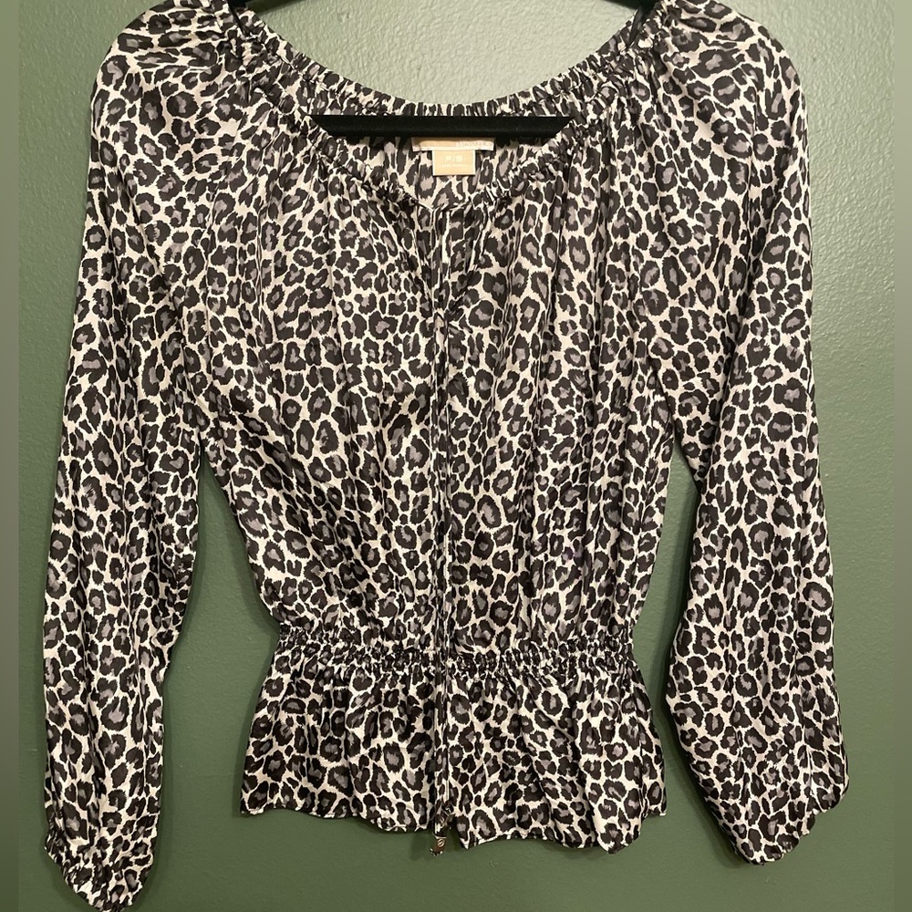 Michael Kors Silk Cheetah Print Elastic Waist long Sleeve Blouse